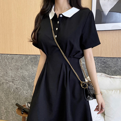 DHH-D72  여성 카라배색 하트 단추 반팔 원피스 